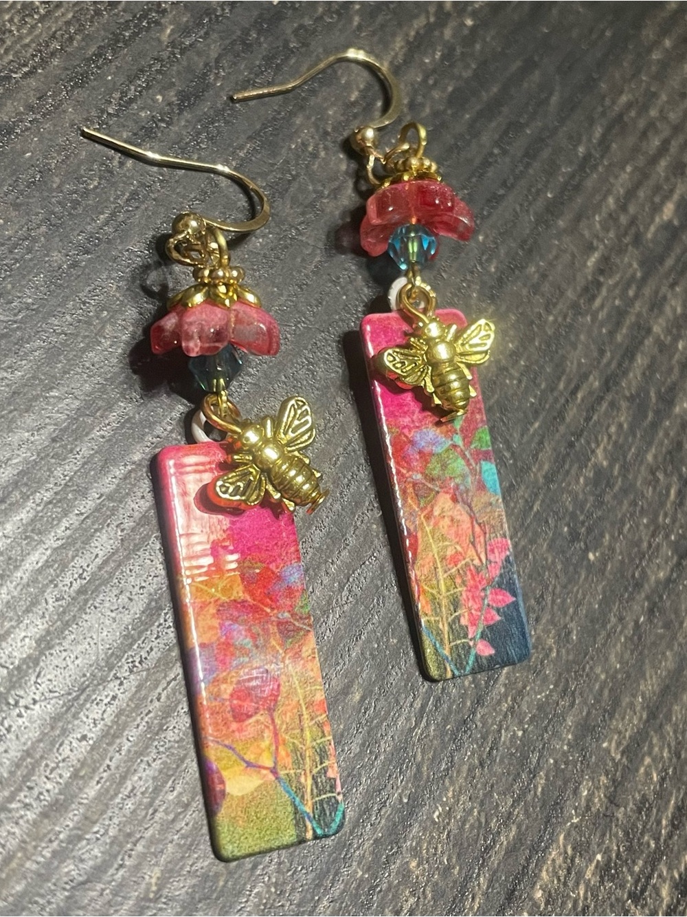 Hand Crafted Pink Floral Bee Drop Earrings with Gold Accents - Picture 4 of 6
